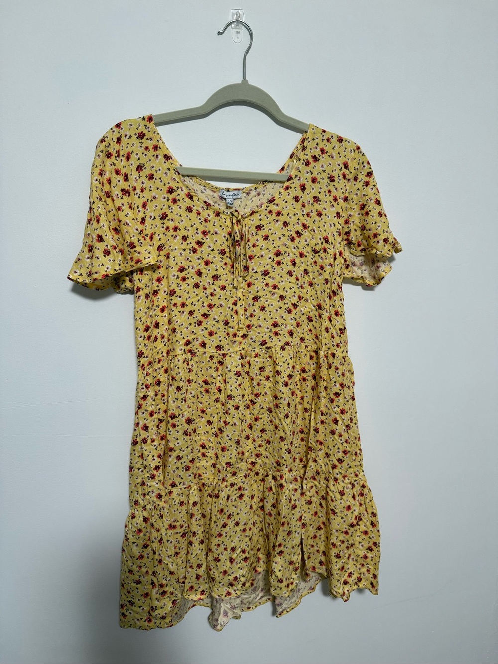 Yellow Floral Tie-Neck Ruffled Mini Dress